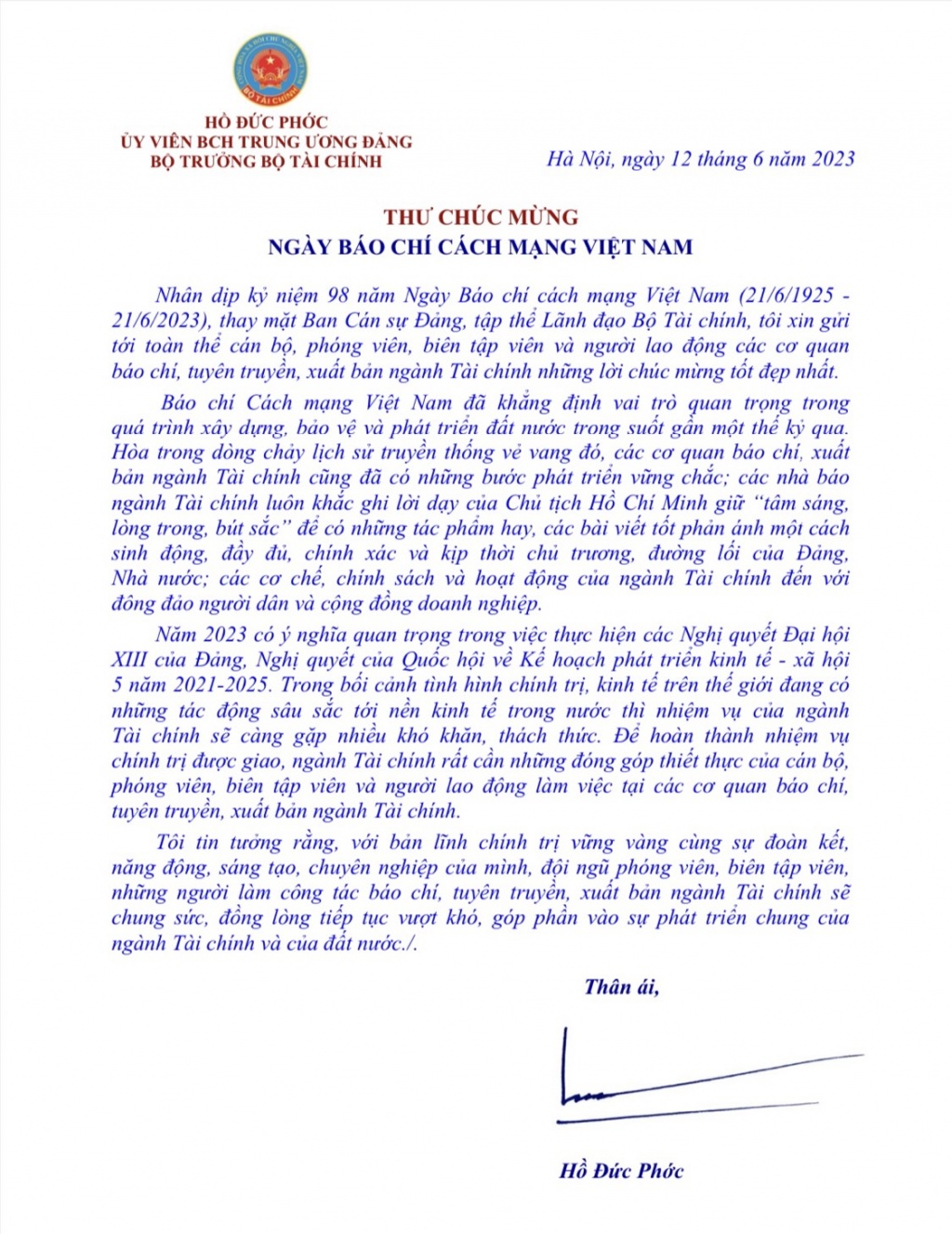 Bộ trưởng Bộ Tài chính gửi thư chúc mừng ngày Báo chí cách mạng Việt Nam