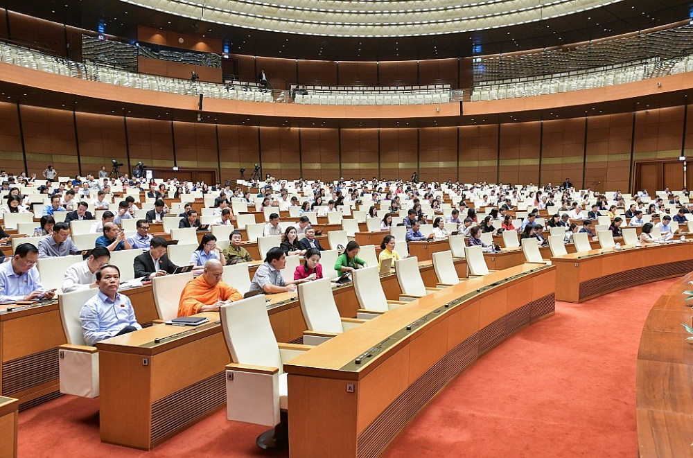 Quốc hội biểu quyết thông qua Nghị quyết thí điểm một số cơ chế, chính sách đặc thù về đầu tư xây dựng công trình giao thông đường bộ. Ảnh: Quochoi.vn