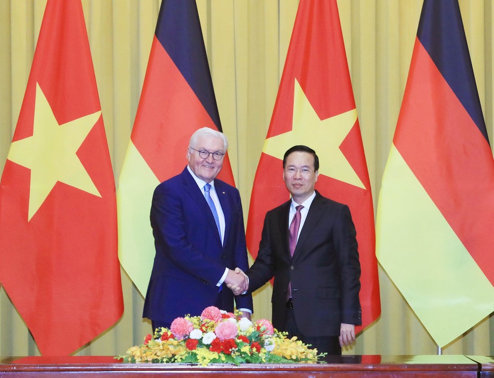 Chủ tịch nước Võ Văn Thưởng và Tổng thống Đức Frank-Walter Steinmeier tại buổi hội đàm. (Ảnh: Thống Nhất/TTXVN)