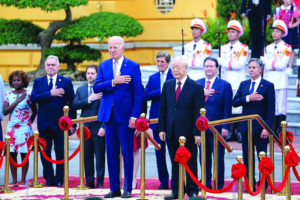 Tổng Bí thư Nguyễn Phú Trọng chủ trì lễ đón Tổng thống Hợp chúng quốc Hoa Kỳ Joe Biden thăm cấp nhà nước tới Việt Nam từ ngày 10 đến 11/9/2023. 	Ảnh: TTXVN