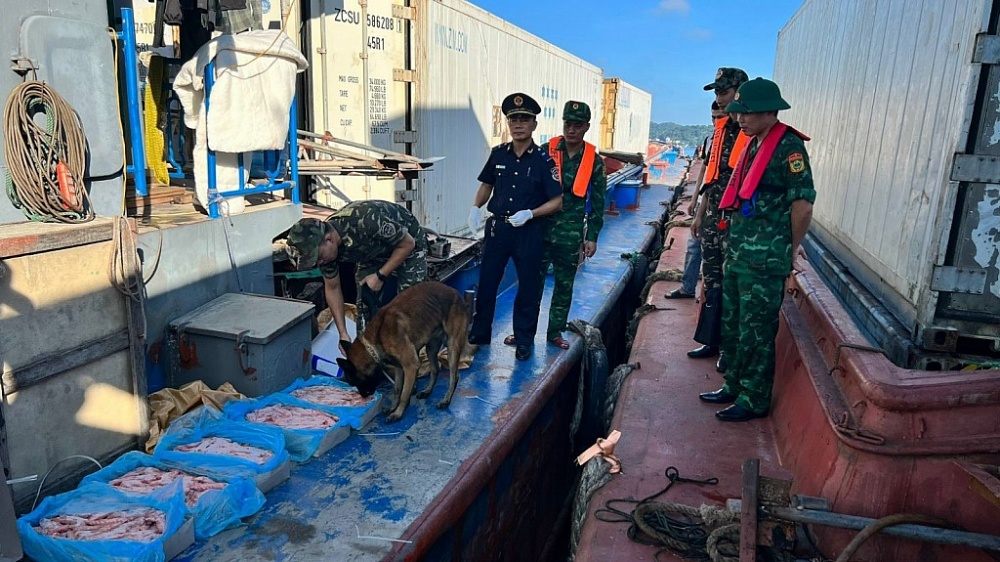 Lực lượng Hải quan Quảng Ninh phối hợp kiểm tra kiểm soát phương tiện.