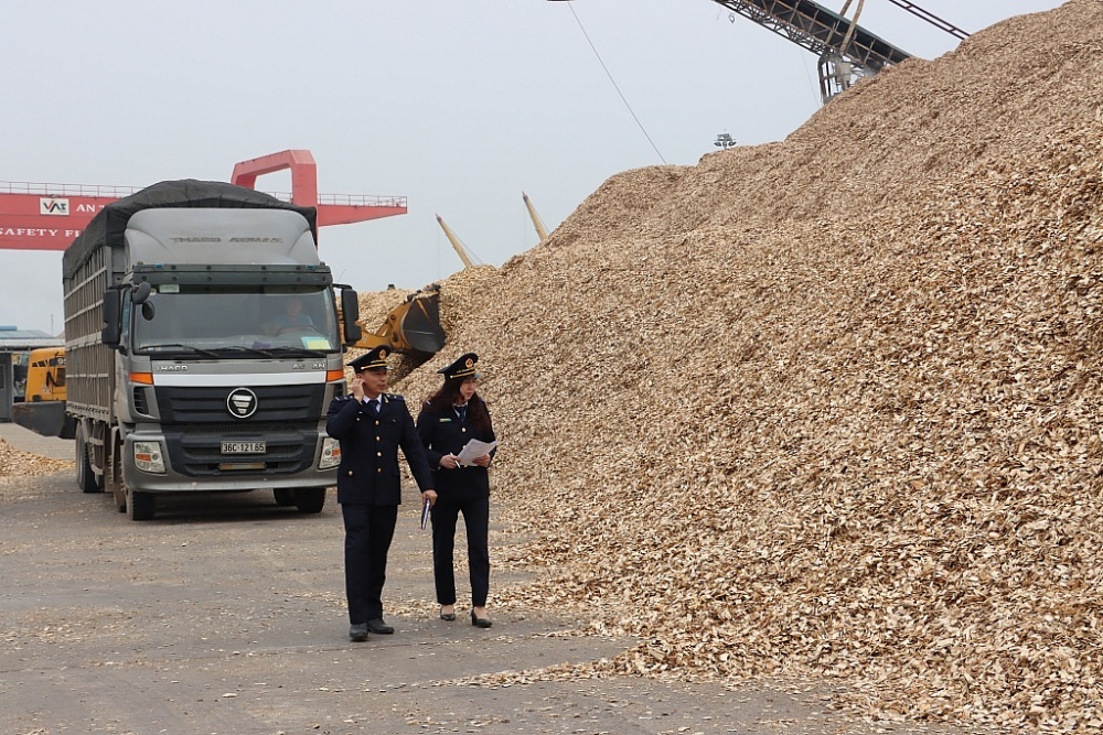 Công chức Chi cục Hải quan cửa khẩu cảng Nghi Sơn giám sát hàng hóa xuất nhập khẩu qua cảng. 	Ảnh: Ngọc Linh
