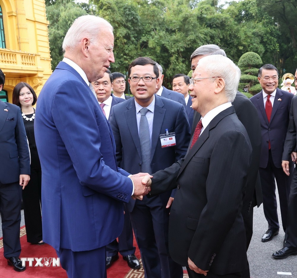 Tổng Bí thư Nguyễn Phú Trọng đón Tổng thống Hoa Kỳ Joe Biden thăm cấp Nhà nước tới Việt Nam, chiều 10/9/2023. (Ảnh: Trí Dũng/ TTXVN)