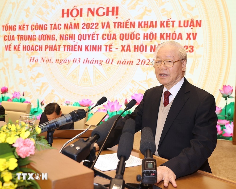 Tổng Bí thư Nguyễn Phú Trọng phát biểu chỉ đạo Hội nghị triển khai Kế hoạch phát triển kinh tế-xã hội năm 2023 (Hà Nội, 3/1/2023). (Ảnh: Trí Dũng/TTXVN)