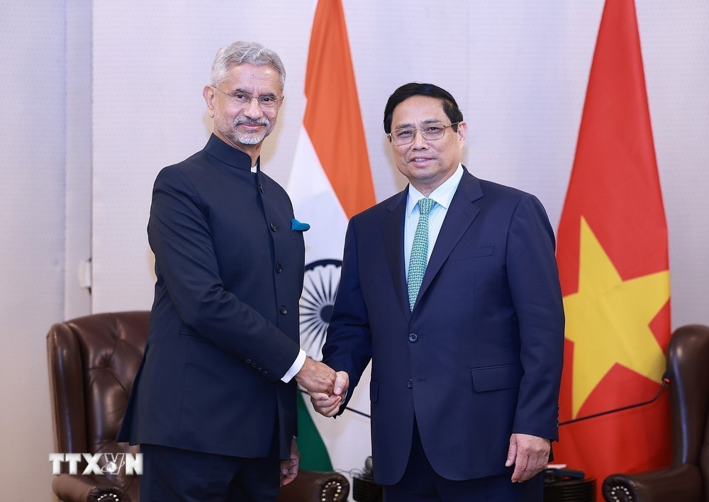 Thủ tướng Phạm Minh Chính tiếp Bộ trưởng Ngoại giao Ấn Độ Subrahmanyam Jaishankar. (Ảnh: Dương Giang/TTXVN)