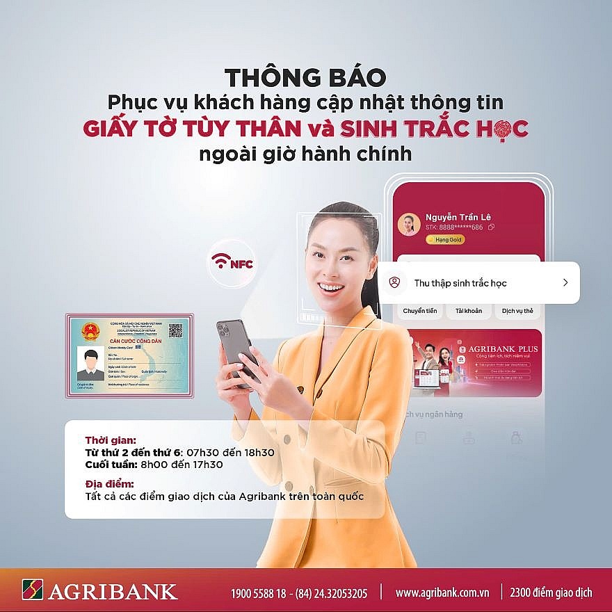 Agribank thông báo thời gian giao dịch ngoài giờ hành chính phục vụ khách hàng cập nhật thông tin giấy tờ tùy thân và sinh trắc học