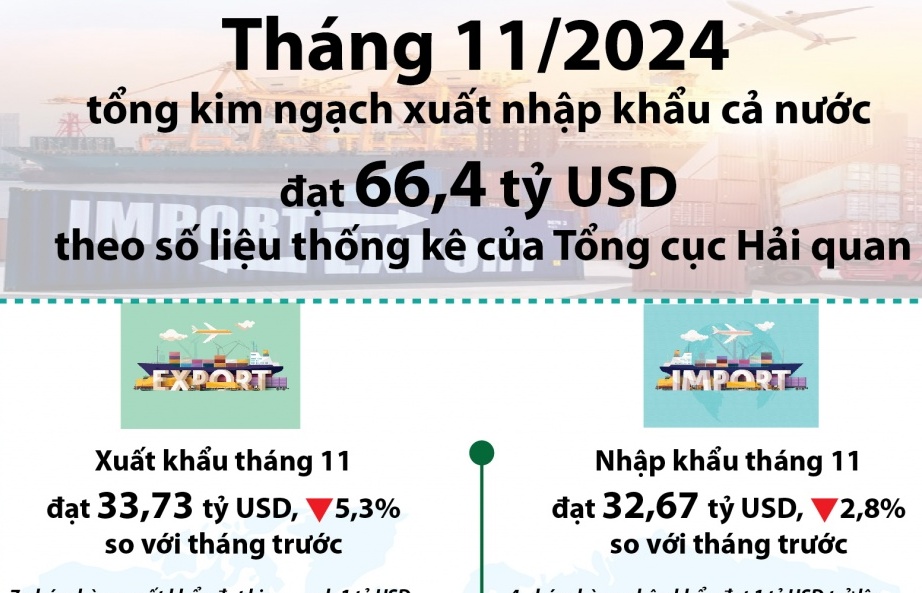 (INFOGRAPHICS) 66 tỷ USD kim ngạch xuất nhập khẩu tháng 11