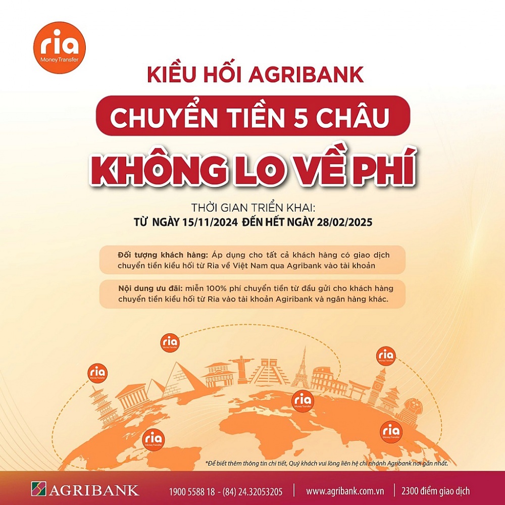 Chuyển tiền Kiều hối Ria về Việt Nam tại Agribank – phí 0 đồng