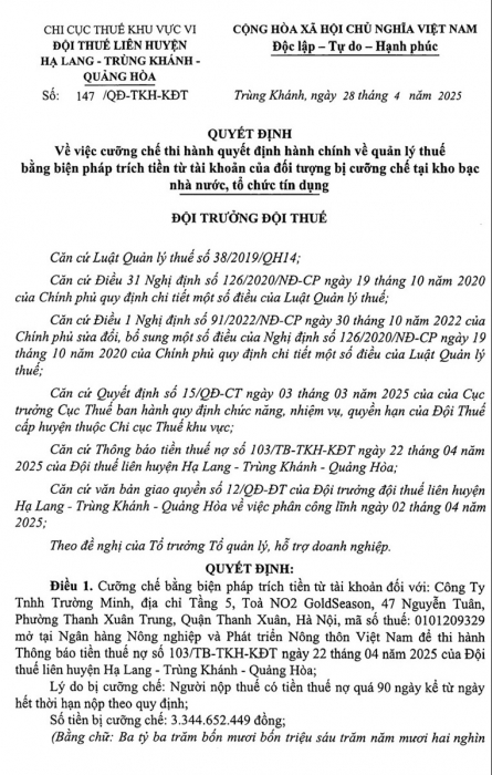 Doanh nghiệp bị cưỡng chế vì nợ thuế quá hạn