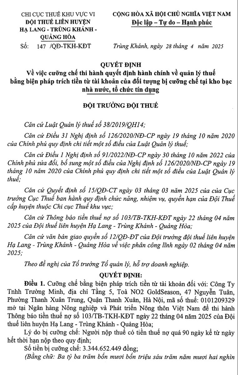 Doanh nghiệp bị cưỡng chế vì nợ thuế quá hạn