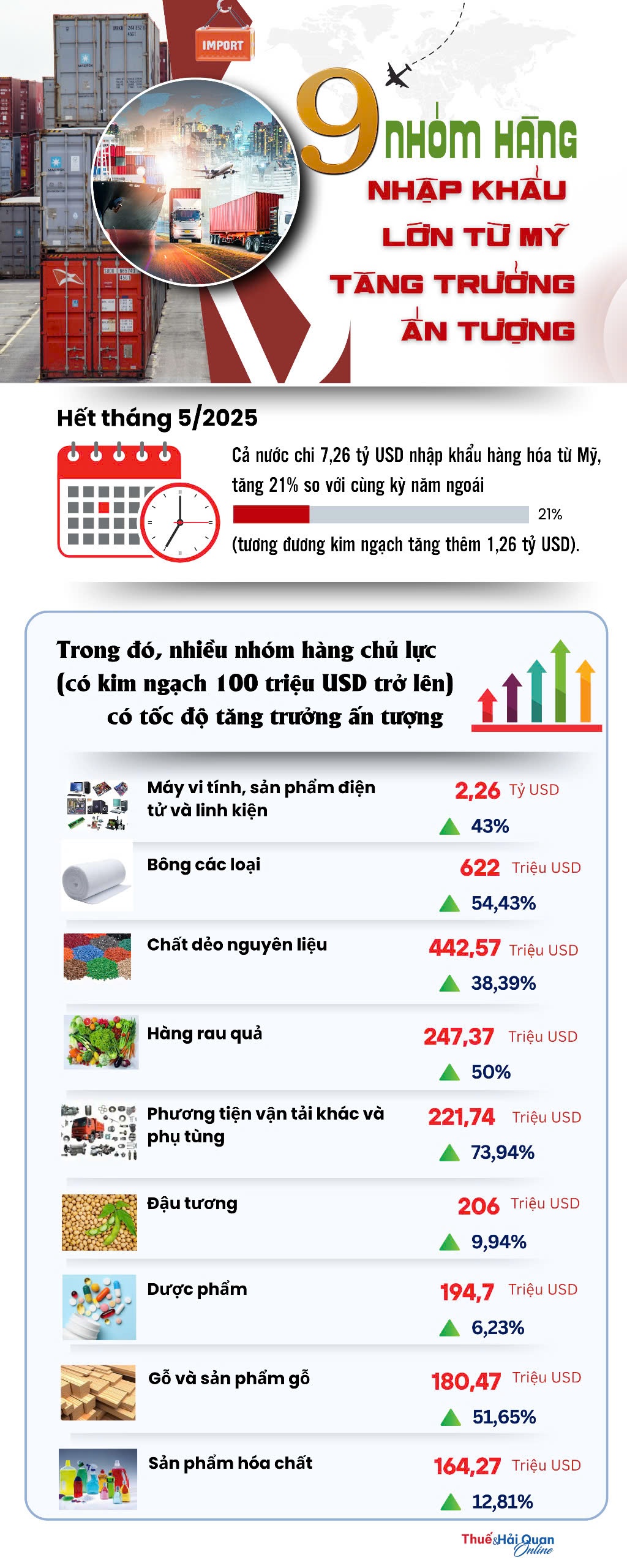 (INFOGRAPHICS): 9 nhóm hàng lớn nhập khẩu từ Mỹ tăng trưởng ấn tượng