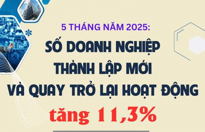 (INFOGRAPHICS) 5 tháng năm 2025: Số doanh nghiệp thành lập mới và quay trở lại hoạt động tăng 11,3%