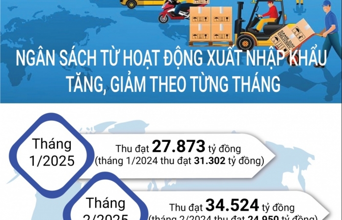 (INFOGRAPHICS) Ngân sách từ hoạt động xuất nhập khẩu tăng, giảm theo từng tháng