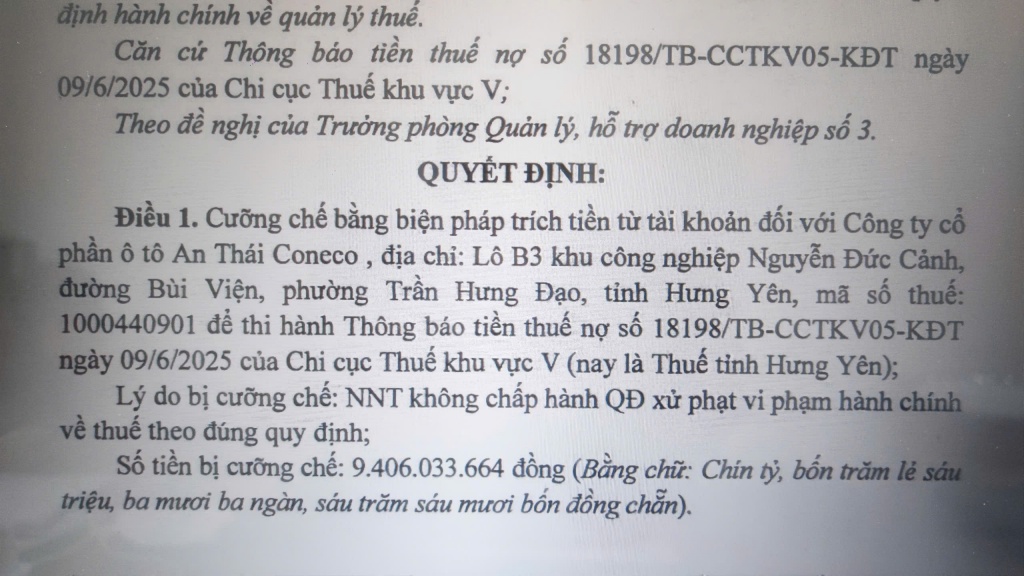 Công ty Cổ phần ô tô Coneco bị cưỡng chế hơn 9 tỷ đồng