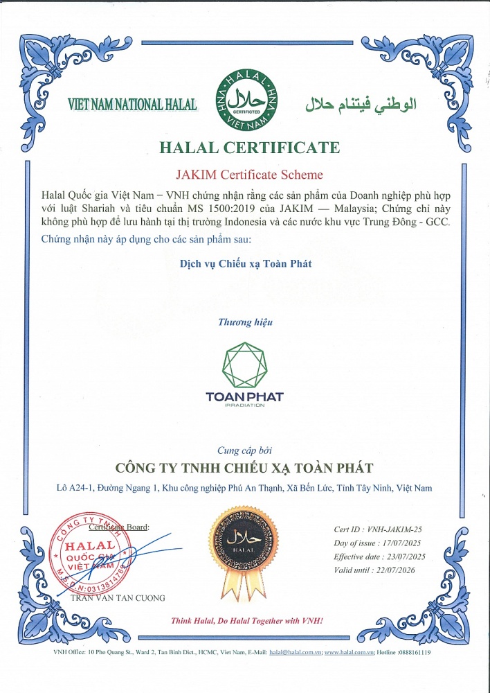 Chứng nhận Halal theo tiêu chuẩn JAKIM (Malaysia) do Halal Quốc gia Việt Nam (VNH) cấp.