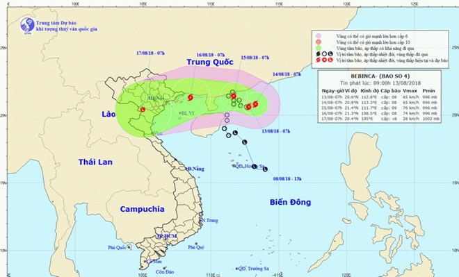 Áp thấp nhiệt đới mạnh lên thành bão số 4 có tên gọi Bebinca