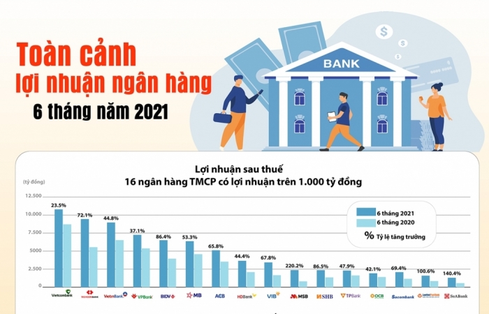 Infographics: Bức tranh lợi nhuận ngân hàng nửa đầu năm 2021