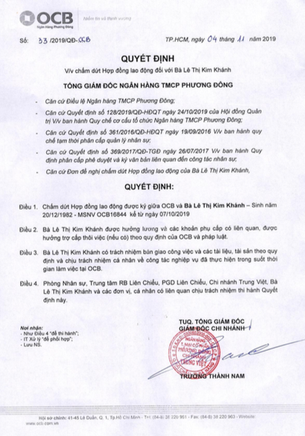Quyết định chấm dứt hợp đồng của OCB với bà Lê Thị Kim Khánh