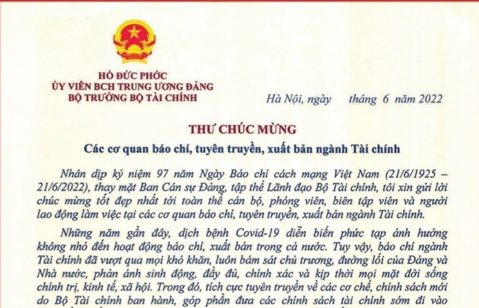 Bộ trưởng Bộ Tài chính Hồ Đức Phớc gửi thư chúc mừng 97 năm Ngày Báo chí cách mạng Việt Nam