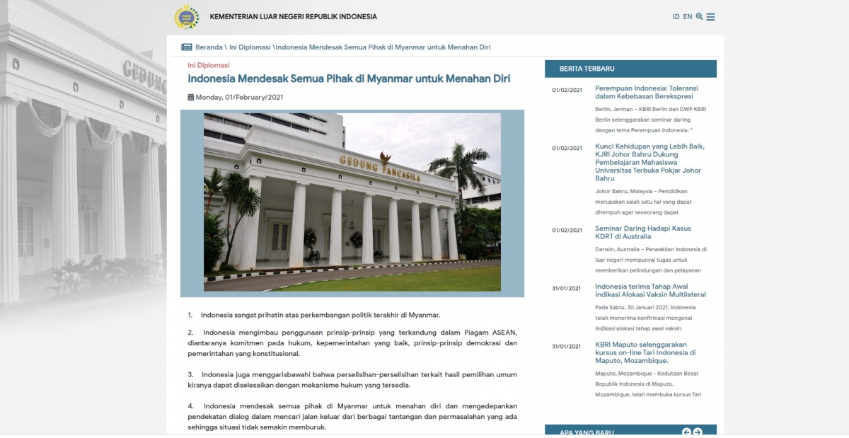 Tuyên bố của Bộ ngoại giao Indonesia. Ảnh chụp màn hình