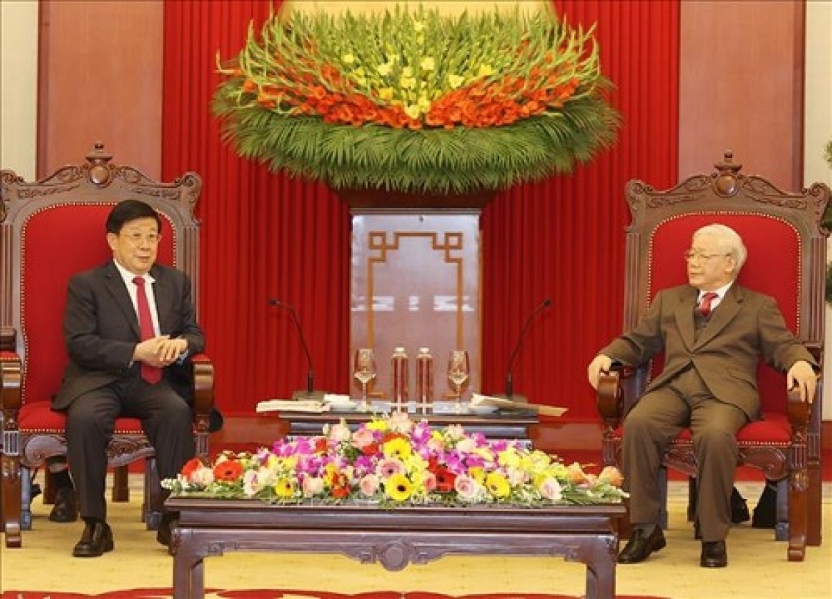 Tổng Bí thư, Chủ tịch nước Nguyễn Phú Trọng và ông Triệu Khắc Chí, Ủy viên Quốc vụ, Bộ trưởng Bộ Công an Trung Quốc (Ảnh: TTXVN)
