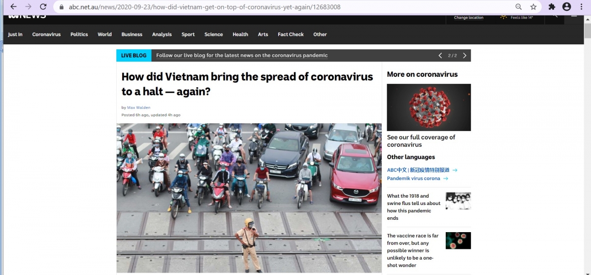 Bài báo ABC đánh giá cách thức ứng phó với dịch Covid-19 của Việt Nam. (Ảnh chụp màn hình)