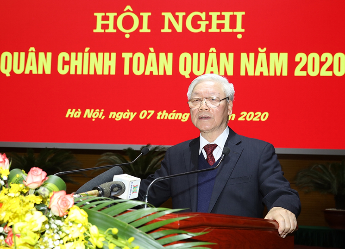 Tổng Bí thư, Chủ tịch nước Nguyễn Phú Trọng phát biểu chỉ đạo tại hội nghị. Ảnh: Bộ Quốc phòng. 