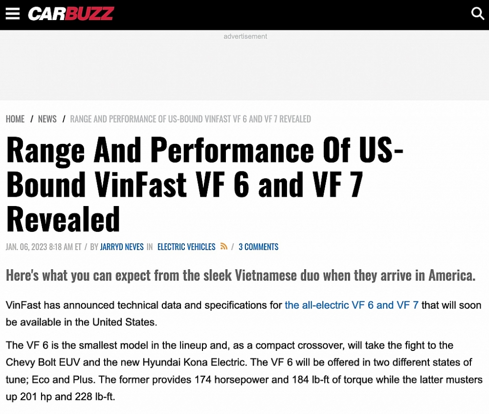 Xe điện VinFast VF 6, VF 7 nhận nhiều lời khen của truyền thông quốc tế tại CES 2023