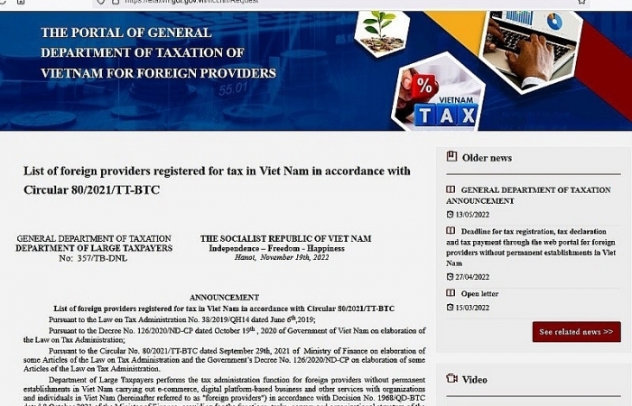 Công bố danh sách 39 nhà cung cấp nước ngoài đã đăng ký thuế tại Việt Nam