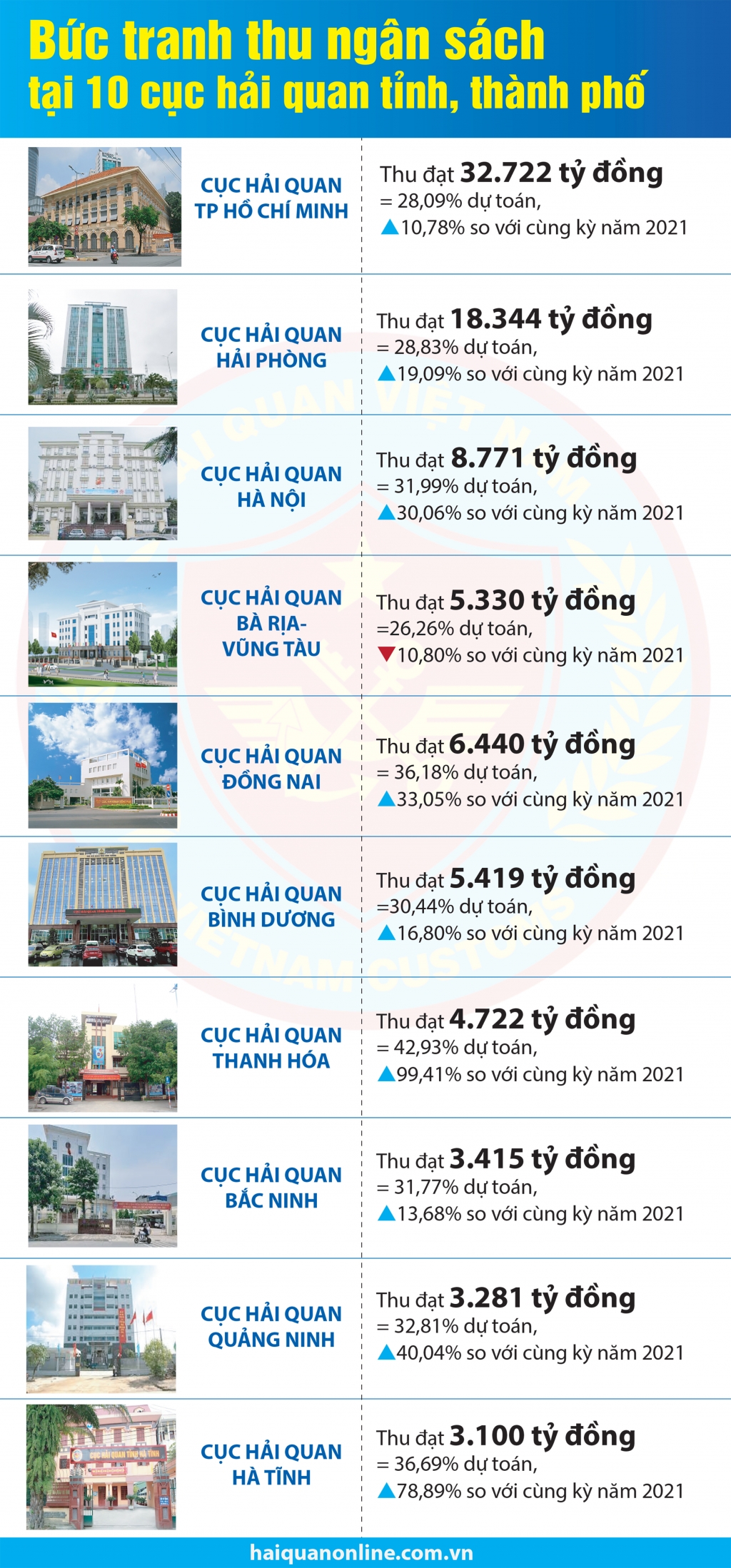 Infographics: Bức tranh thu ngân sách tại 10 cục hải quan tỉnh, thành phố