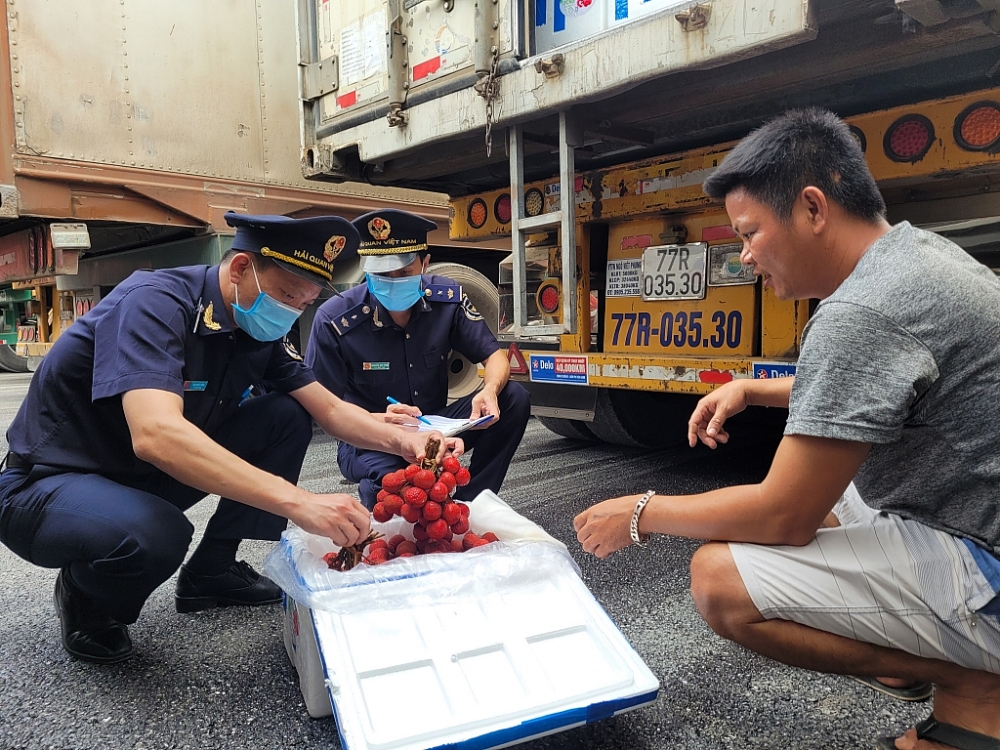 Cơ quan Hải quan hướng dẫn DN đóng gói nông sản theo tiêu chuẩn . (Trong ảnh: Công chức Hải quan Tân Thanh hướng dẫn DN đóng gói mặt hàng vải thiều XK ). Ảnh: H.Nụ