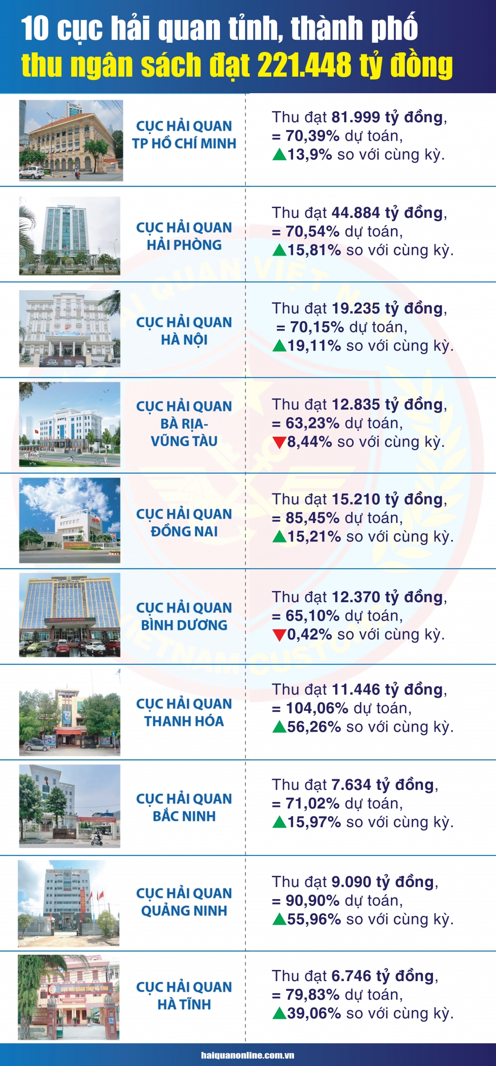 Infographics: 10 cục hải quan tỉnh, thành phố thu ngân sách đạt 221.448 tỷ đồng