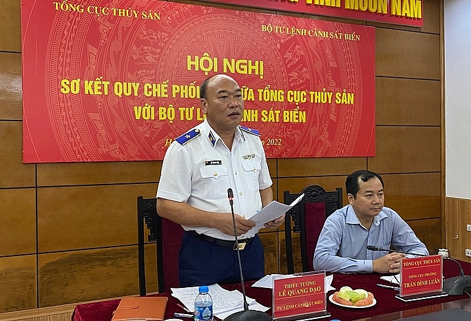 Thiếu tướng Lê Quang Đạo, Tư lệnh Cảnh sát biển phát biểu tại hội nghị sơ kết quy chế phối hợp diễn ra ngày 19/8/2022.