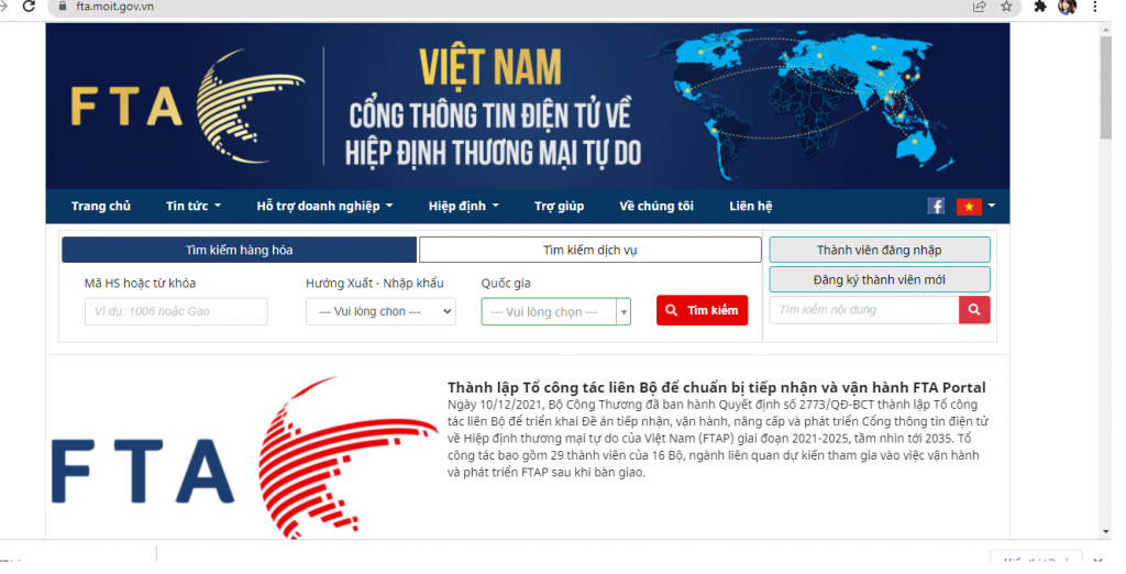 Lập Tổ công tác liên bộ vận hành Cổng thông tin về FTA