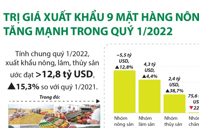 Infographics: Trị giá xuất khẩu 9 mặt hàng nông sản tăng mạnh trong quý 1/2022
