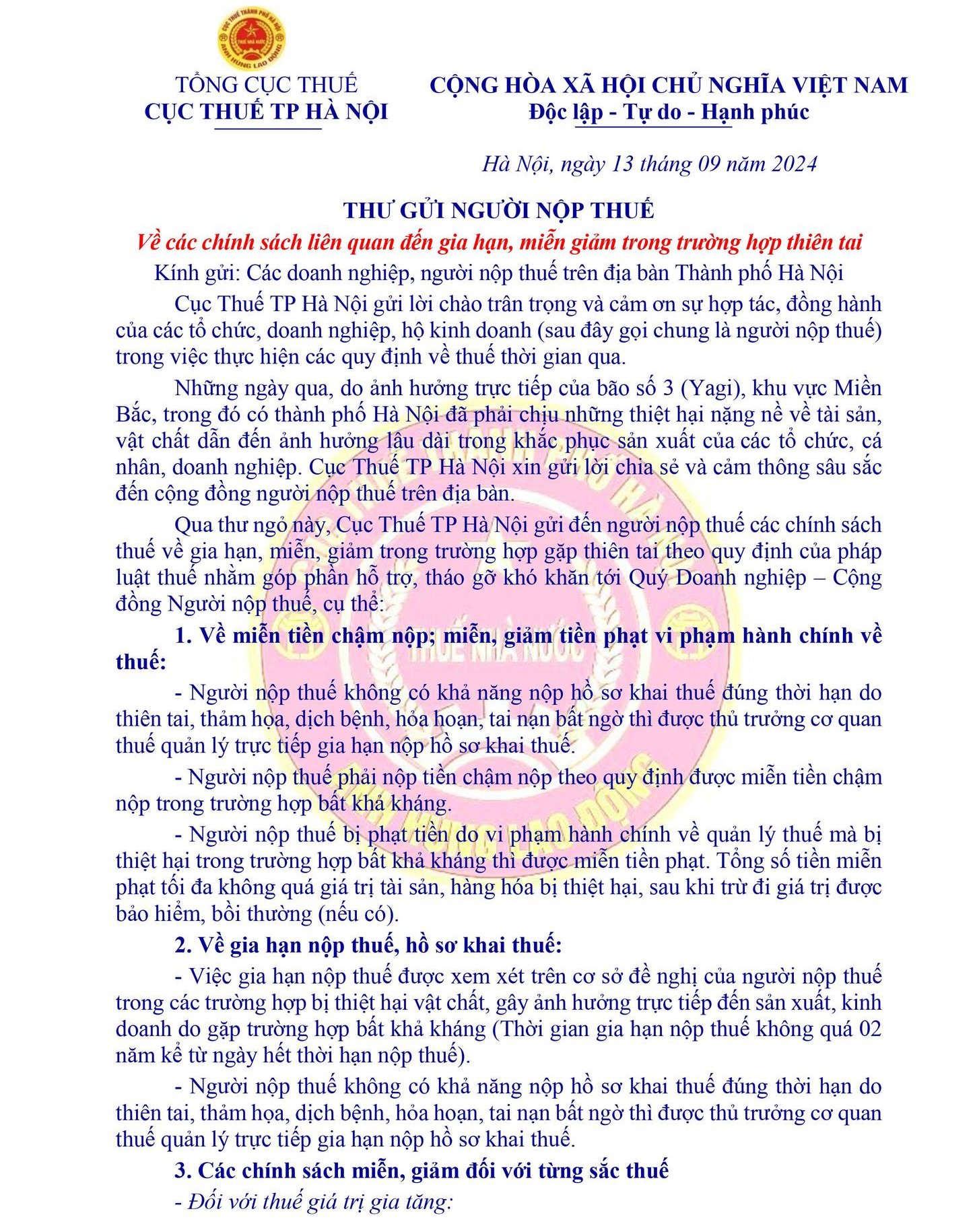 cuc thue ha noi luu y cac chinh sach lien quan den gia han mien giam trong truong hop thien tai