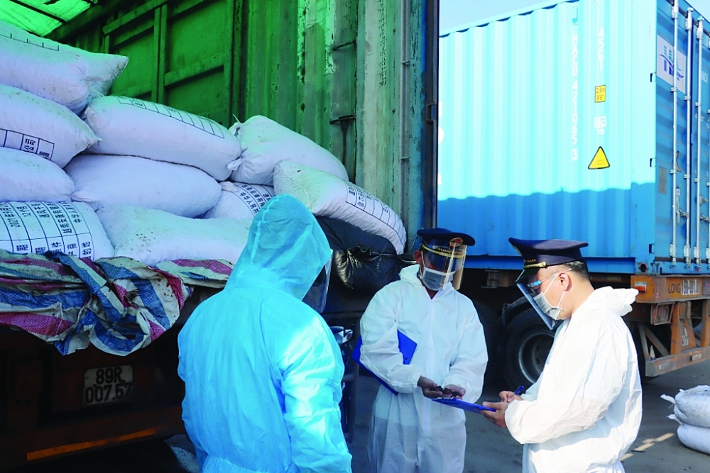 Công chức Chi cục Hải quan cửa khẩu Hoành Mô (Cục Hải quan Quảng Ninh) kiểm tra hàng hóa xuất khẩu. Ảnh: Q.H