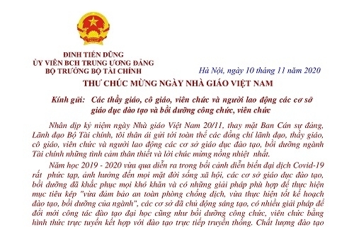 Bộ trưởng Bộ Tài chính gửi thư chúc mừng nhân Ngày Nhà giáo Việt Nam 20/11