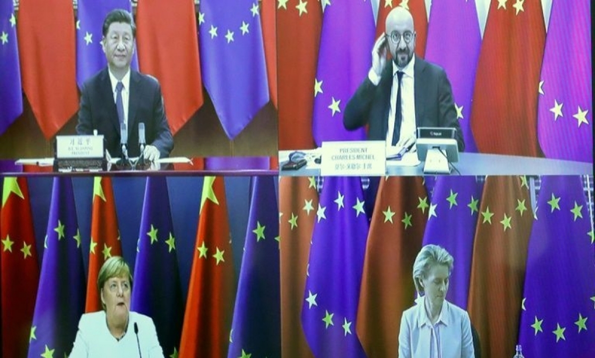 Lãnh đạo EU-Trung Quốc họp thượng đỉnh trực tuyến. Ảnh: Yahoo