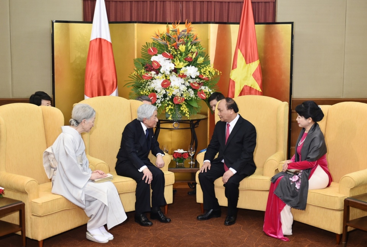 Thủ tướng Nguyễn Xuân Phúc và Phu nhân hội kiến với Nhà vua và Hoàng hậu Nhật Bản trong chuyến thăm Việt Nam năm 2017. Ảnh: Báo Thế giới và Việt Nam