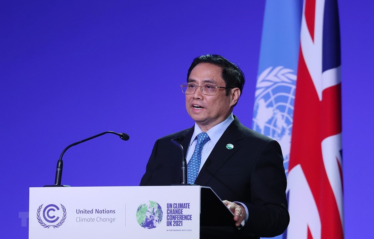 Thủ tướng Phạm Minh Chính phát biểu tại Hội nghị lần thứ 26 các Bên tham gia Công ước khung của Liên hợp quốc về Biến đổi khí hậu (COP26). (Ảnh: Dương Giang/TTXVN)