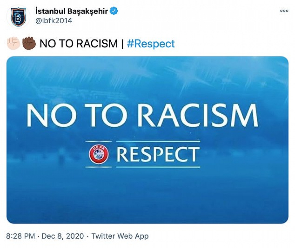 Basaksehir phát đi thông điệp kêu gọi chống phân biệt chủng tộc và UEFA khẳng định sẽ điều tra sự việc rõ ràng.